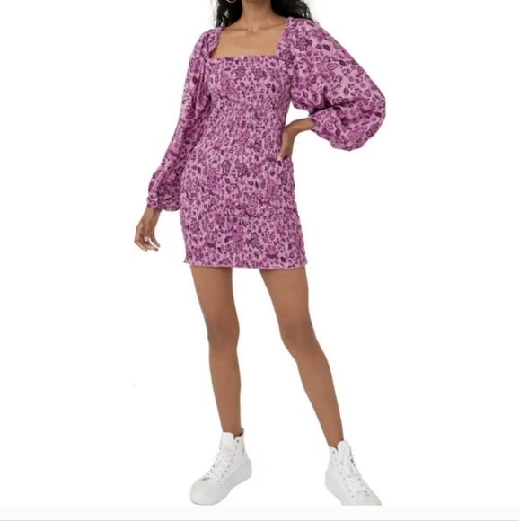 💗 Free People Smock it to Me Long Sleeve Minidress Azalea Combo Large - Picture 1 of 5